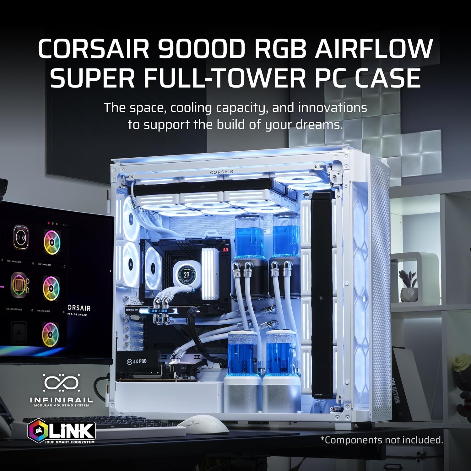 image:imageCorsair 9000D RGB Airflow Super FullTower PC Case Fits up to 18x 120mm 7X 140mm or 4X 200mm Fans InfiniRail Fan Mounting iCUE Link System Hub Included No Fans Included BlackWhite