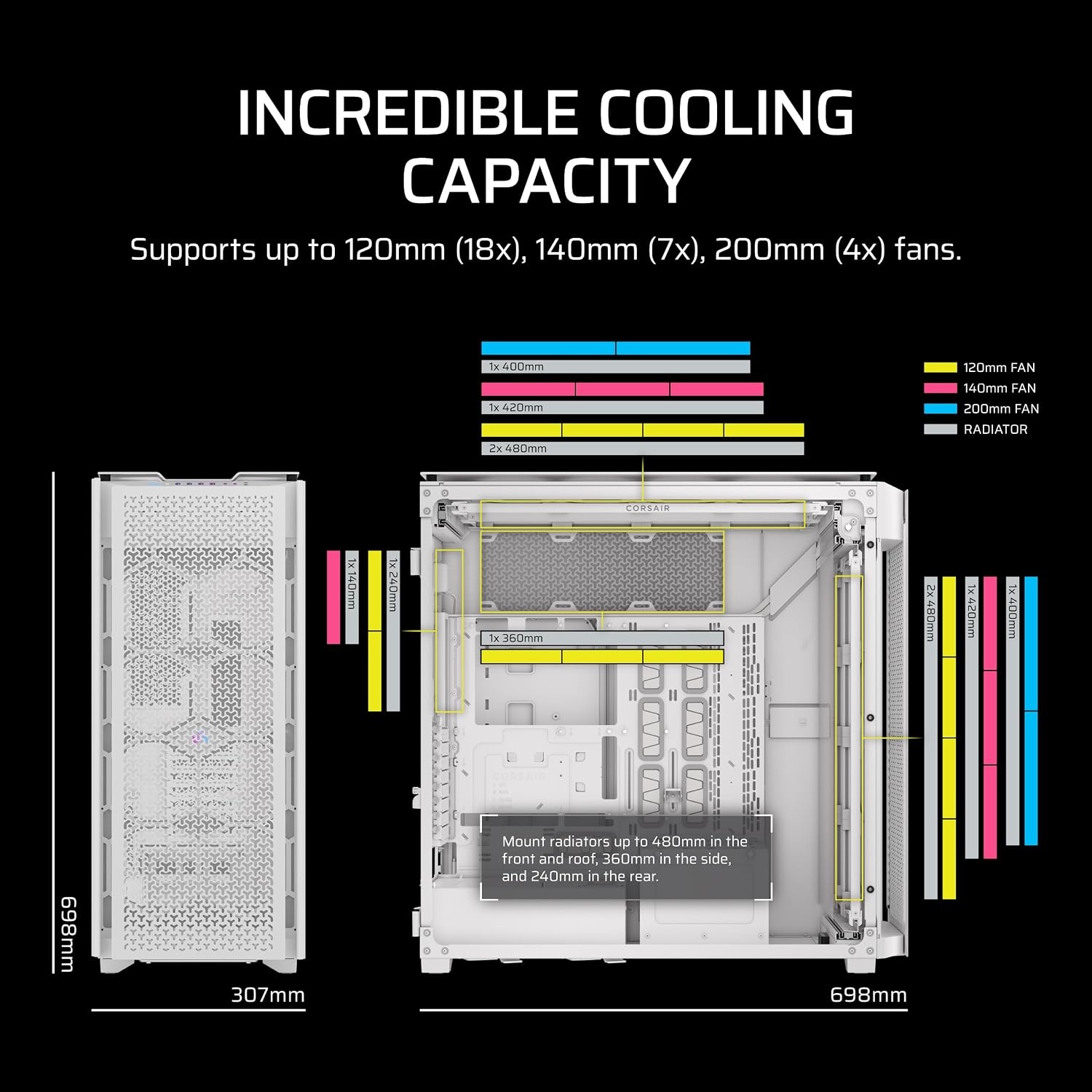 image:imageCorsair 9000D RGB Airflow Super FullTower PC Case Fits up to 18x 120mm 7X 140mm or 4X 200mm Fans InfiniRail Fan Mounting iCUE Link System Hub Included No Fans Included BlackWhite