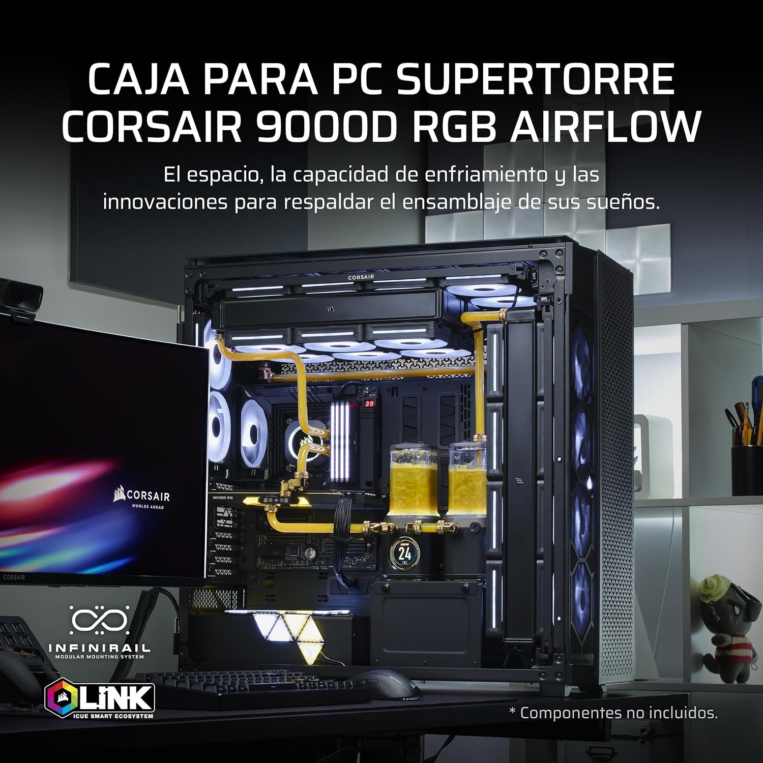 image:imageCorsair 9000D RGB Airflow Super FullTower PC Case Fits up to 18x 120mm 7X 140mm or 4X 200mm Fans InfiniRail Fan Mounting iCUE Link System Hub Included No Fans Included BlackBlack