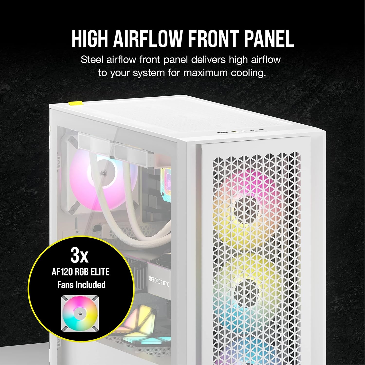 image:imageCorsair iCUE 4000D RGB Airflow MidTower Case 3X AF120 RGB Elite Fans iCUE Lighting Node PRO Controller HighAirflow Design CORSAIR RapidRoute Cable Management System True WhiteWhite