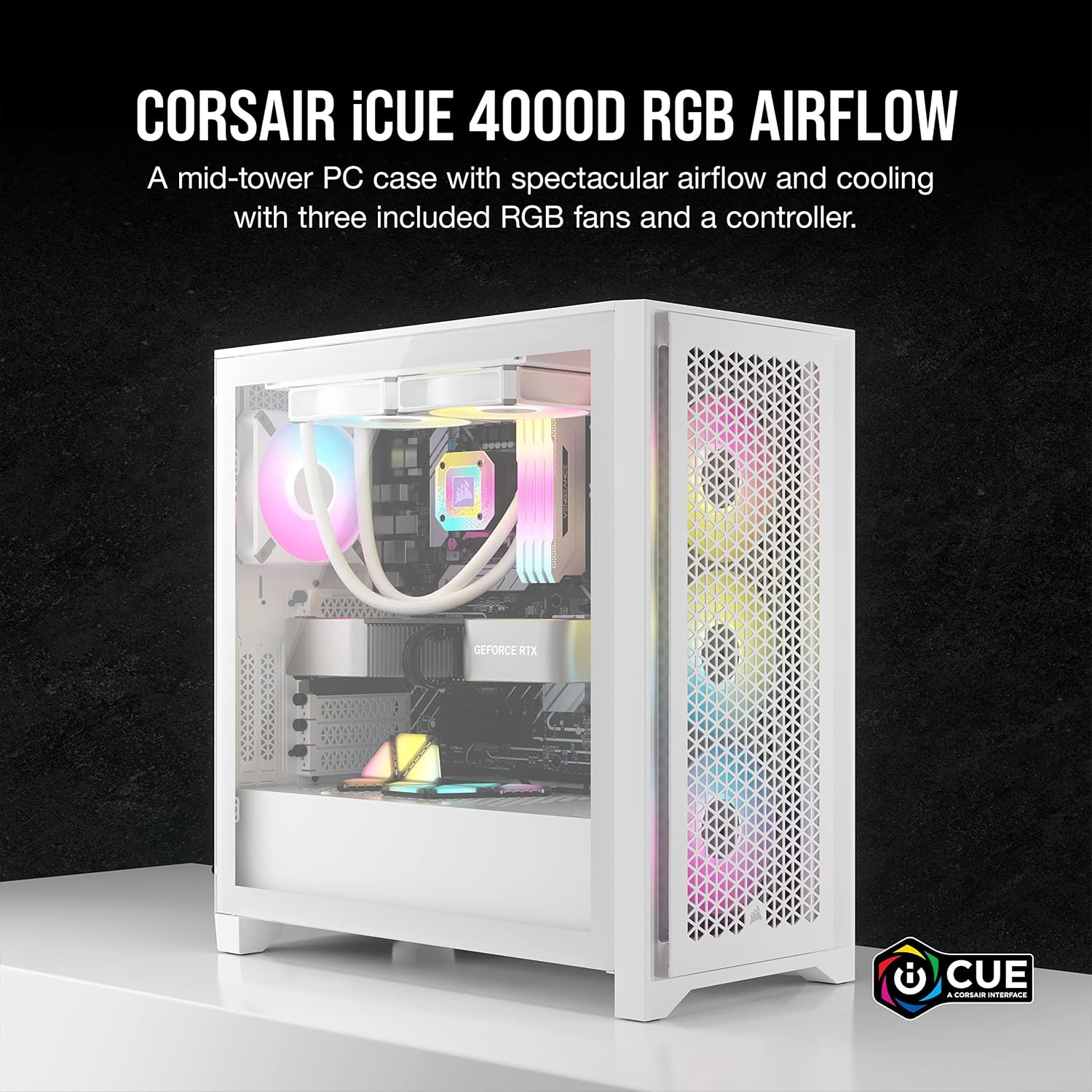 image:imageCorsair iCUE 4000D RGB Airflow MidTower Case 3X AF120 RGB Elite Fans iCUE Lighting Node PRO Controller HighAirflow Design CORSAIR RapidRoute Cable Management System True WhiteWhite